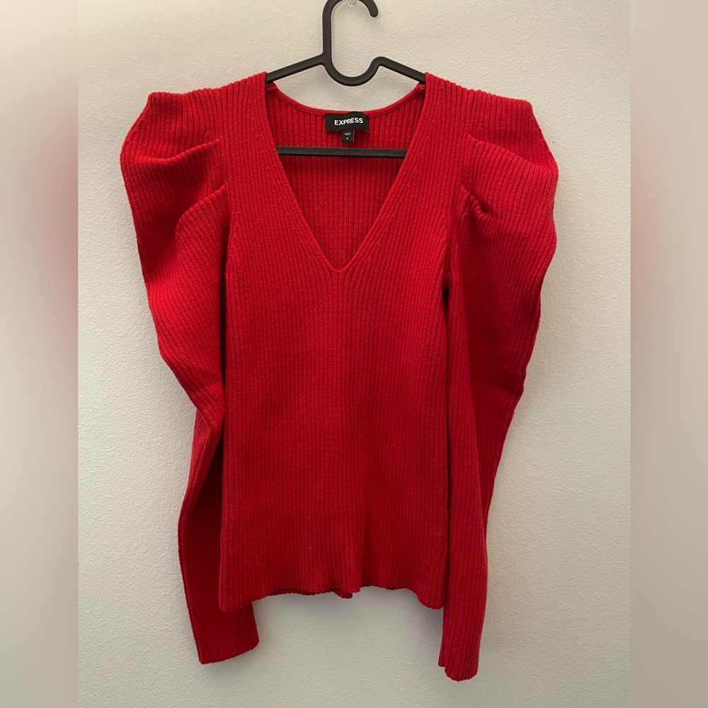 Express red ribbed puffed sleeves sweater